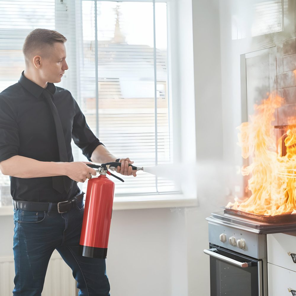 Man Using Fire Extinguisher to Put Out Kitchen Fire - Emergency Safety, Fire Prevention Concept Photo
