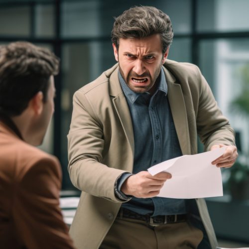 Supervisor and a subordinate yell at each other in a company office.
